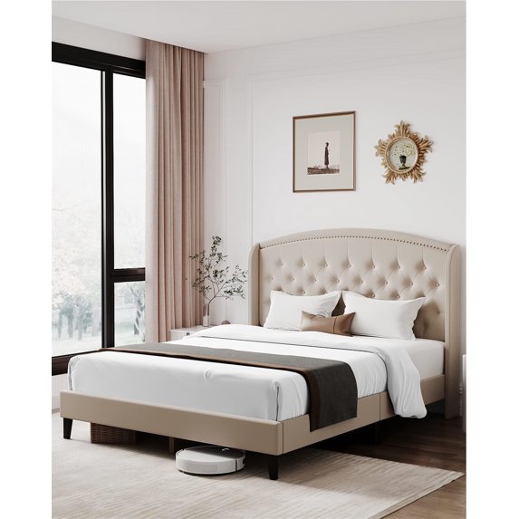 Wood Platform Bed Frame, Heavy Duty Button Tufted Upholstered Bed Frame with Wingback Headboard