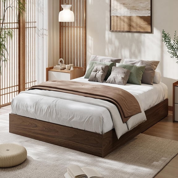 Memoryfield Wood Platform Bed Frame, Twin XL Wood Bed Frame, Wood Slat Support, No Headboard, No Box Spring Needed, Walnut