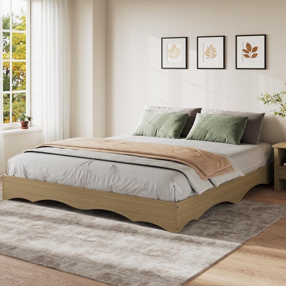 Wood Platform Bed Frame, Wave Edge Wooden Bedframe Without Headboard, Sturdy Slat Support, Noise‑Free Structure, No Box Spring Needed, Easy Assembly
