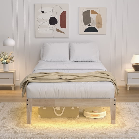 Twin Wood Bed Frame with Led Light, Wood Platform Bed Frame Twin Size with 8.7" Under-Bed Storage, Noise-Free, Easy Assembly, 12"