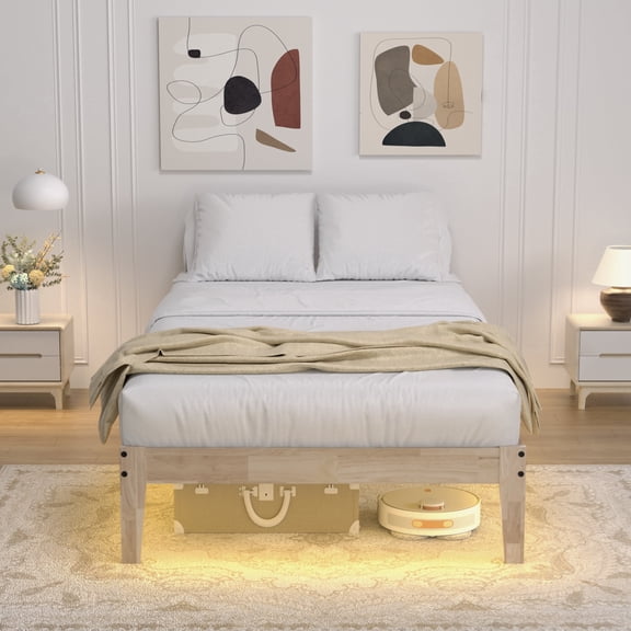 Twin Wood Bed Frame with Led Light, Wood Platform Bed Frame Twin Size with 8.7" Under-Bed Storage, Noise-Free, Easy Assembly, 12"