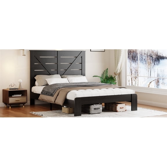 Wood Platform Bed Frame Headboard, Noise-Free, No Box Needed, 45-Minute Assembly, Black with Industrial Touch