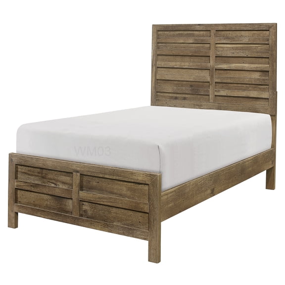 Wood Platform Bed Frame with Headboard, Twin Size Farmhouse Bed, Rustic Weathered Pine Finish, for Bedroom, Box Spring Required