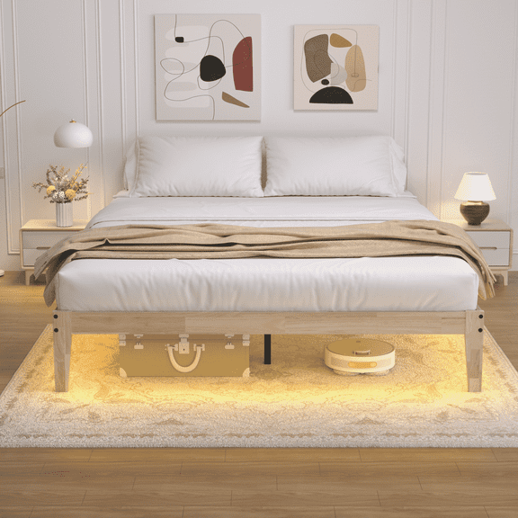 Full Bed Frame with RGB Mood Lights, Wood Platform Bed Frame, 8.7" Under-Bed Storage, Noise-Free, Easy Assembly, 12 inch