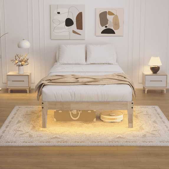 Wood Platform Bed Frame with RGB Mood Lights, Bed Frame Wood, 8.7" Under-Bed Storage, Noise-Free, Easy Assembly, 12 Inch, Twin XL