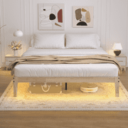 Queen Wood Bed Frame, Wood Platform Bed Frames with LED Lights, 8.7 Under-Bed Storage, Noise-Free, Easy Assembly, 12