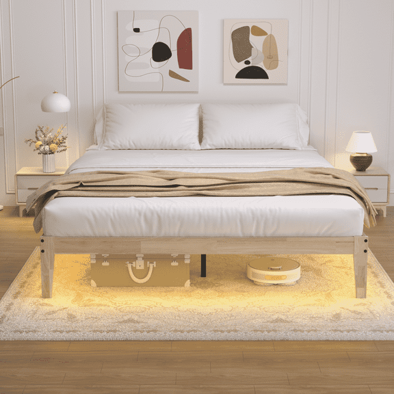 Queen Wood Bed Frame, Wood Platform Bed Frames with LED Lights, 8.7" Under-Bed Storage, Noise-Free, Easy Assembly, 12"