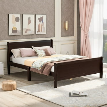 Wood Platform Bed, Full Size Bed Frame Mattress Foundation Sleigh Bed with Headboard, Footboard & Wood Slat Support, Solid Wood Bed Frame for Adults Teens, No Box Spring Needed, Espresso