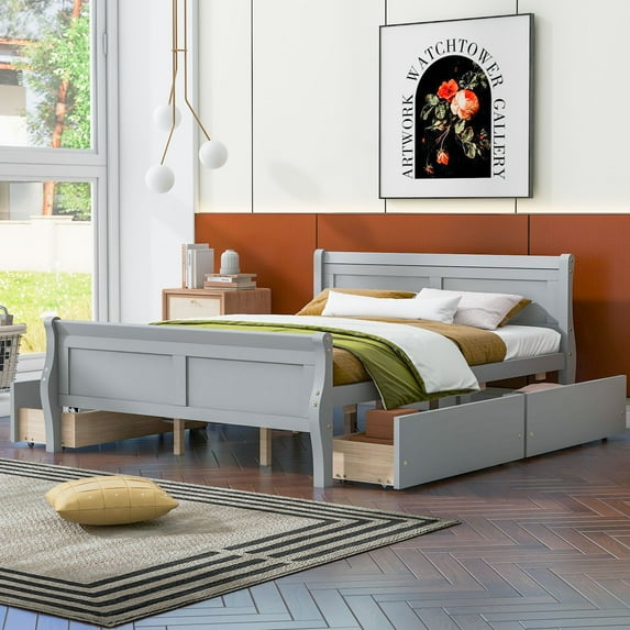Wood Platform Bed Mattress Foundation with 4 Drawers and Streamlined Headboard & Footboard, Bed Frame Storage Bed w/ Wooden Slats for Boy Girl, No Box Spring Needed