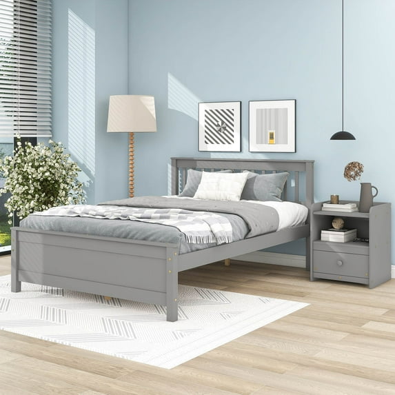 Wood Platform Bed Mattress Foundation with Headboard and Footboard, Bed Frame Storage Bed w/ Wooden Slats for Boy Girl, No Box Spring Needed with a Nightstand