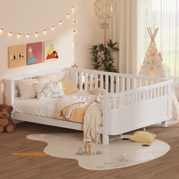 Wood Platform Bed Queen Size with Removable Guardrail, Low Profile Bed Frame with Rail, Wood Slats and Sturdy Legs, No Box Spring Needed, White