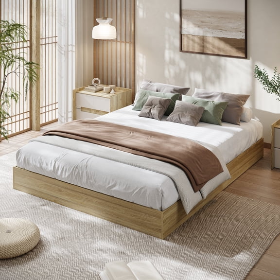 Wood Platform Bed with Sturdy Wooden Slats, Floor-Standing Bed Frame, Modern Minimalist Design Space-Saving Bed Frame, No Box Spring Needed, Space Saver, Easy Assembly