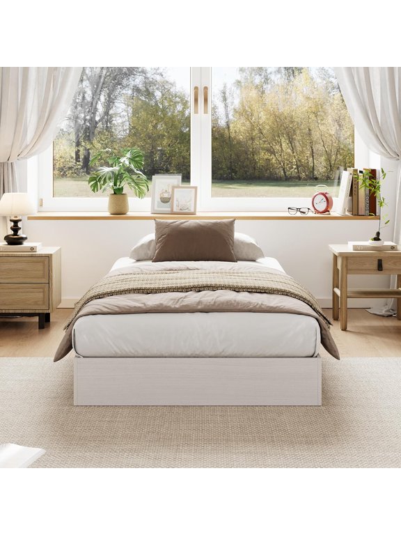 Wood Platform Bed with Sturdy Wooden Slats, Twin XL Floor-Standing Bed Frame, Modern Minimalist Design Space-Saving Bed Frame, No Box Spring Needed, Easy Assembly, White