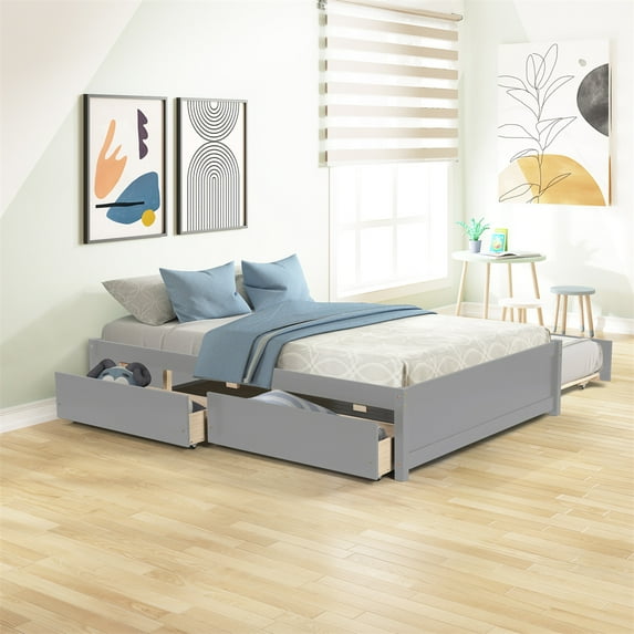 ARCTICSCORPION Full Plywood Platform Bed with Trundle and 2 Storage Drawers, Gray