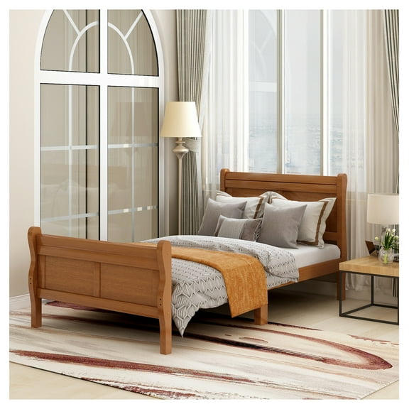 Wood Platform Bed Twin Bed Frame Mattress Foundation Sleigh Bed with Headboard/Footboard/Wood Slat Support