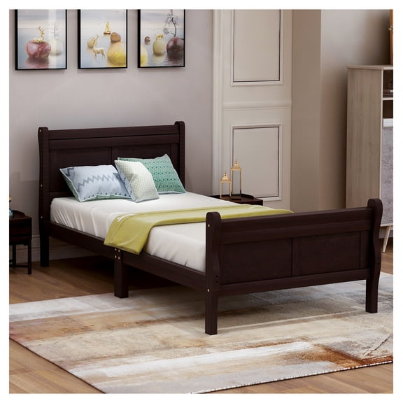 Wood Platform Bed Twin Bed Frame Mattress Foundation Sleigh Bed with Headboard/Footboard/Wood Slat Support