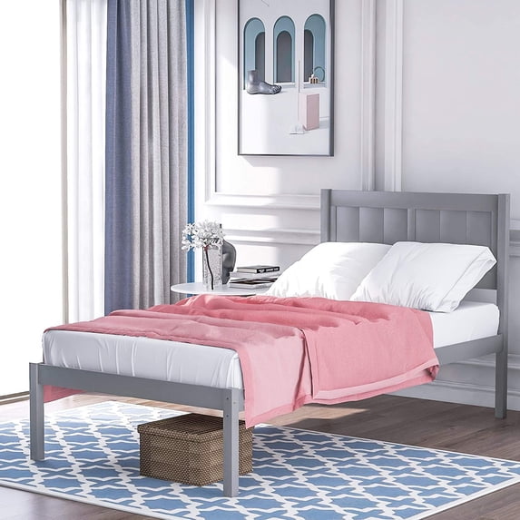 Wood Platform Bed Twin Bed Frame with Headboard and 10 Wooden Slats Support, No Box Spring Needed Bedroom Furniture (Gray)