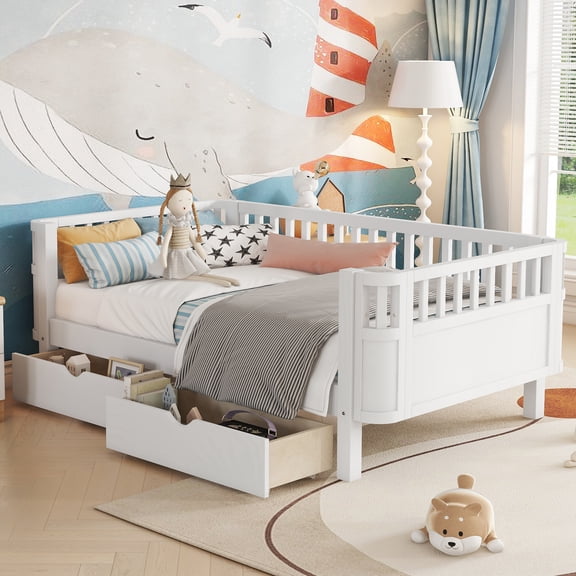 Wood Platform Bed Twin Size with Drawers and Removable Guardrail, Low Profile Bed Frame with Rail, Wood Slats and Sturdy Legs, No Box Spring Needed, White