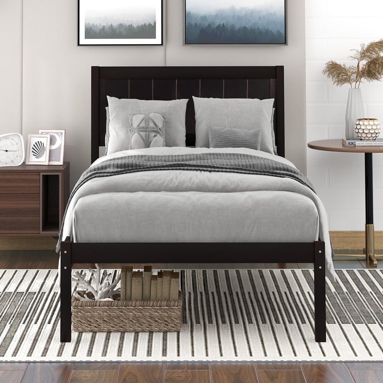 J109 Twin Size Wood Platform Bed, Modern Heavy Duty with Headboard