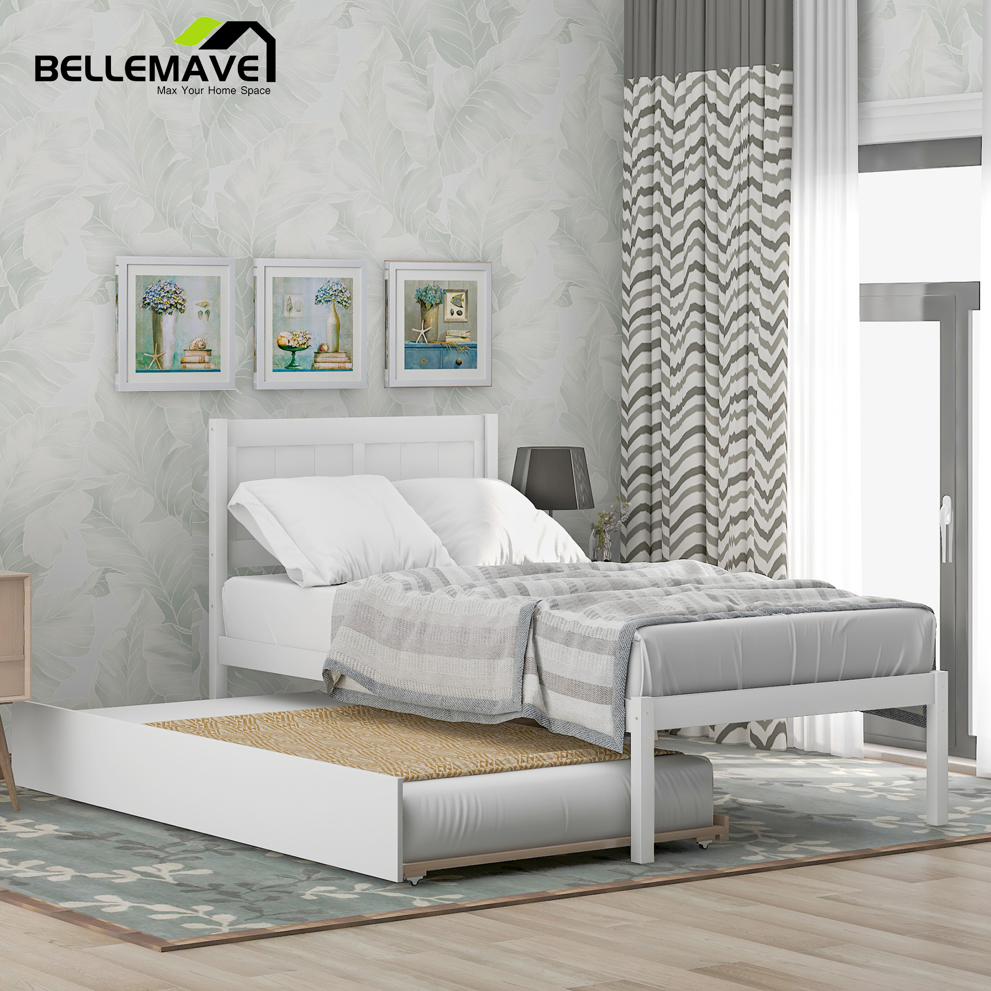 Wood Platform Bed Twin Size, Twin Bed Frames with Trundle Bed, Kids Bed