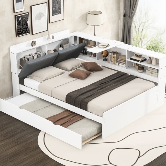 Wood Platform Bed With Trundle, Headboard Storage, And Shelves In White - Bedroom Essential Full Size Shelf Space, Upholstered Comfortable Slumber