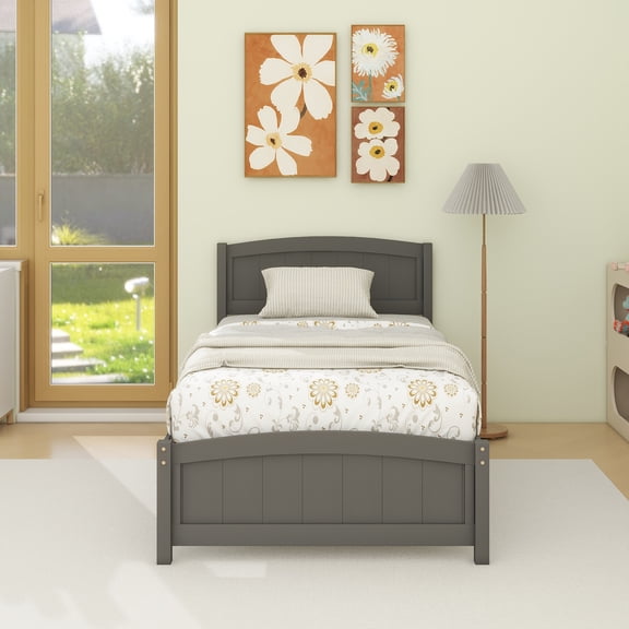 Wood Platform Bed with Headboard,Footboard and Wood Slat Support, Gray