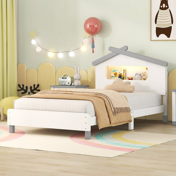 Wood Platform Bed with House-shaped Headboard and Motion Activated Night Lights White+Gray - Twin