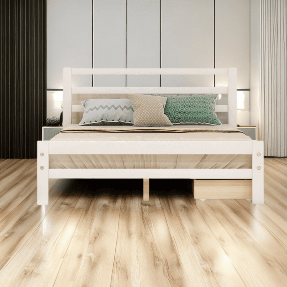 Wood Platform Bed with Two Drawers, Solid Wood Bed Frame with Headboard and Footboard
