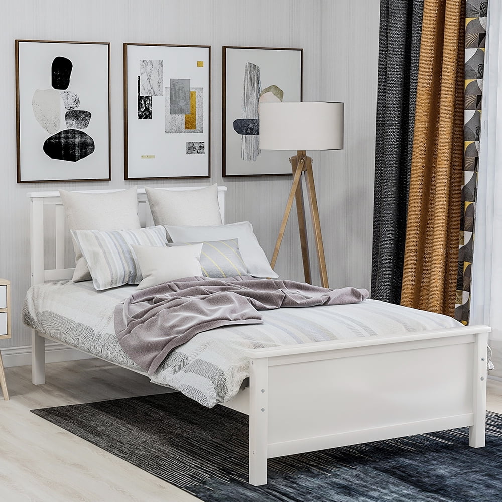 Wood Platform Beds with Headboard, Footboard and Wood Slat Support, White