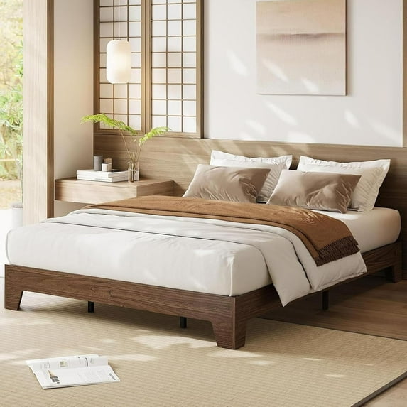 Wood Platform Metal Bed Frame, Queen Size Metal Bed Frame, Wood Slat Support, No Box Spring Needed, Easy Assembly, Noise-Free Design, Underbed Space for Storage with Sturdy Steel Slats