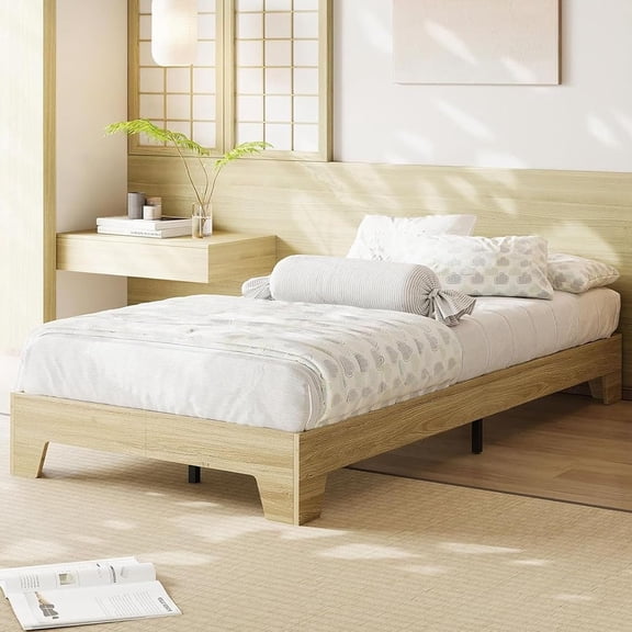 Wood Platform Metal Bed Frame, Twin Size Metal Bed Frame, Wood Slat Support, No Box Spring Needed, Easy Assembly, Noise-Free Design, Underbed Space for Storage with Sturdy Steel Slats