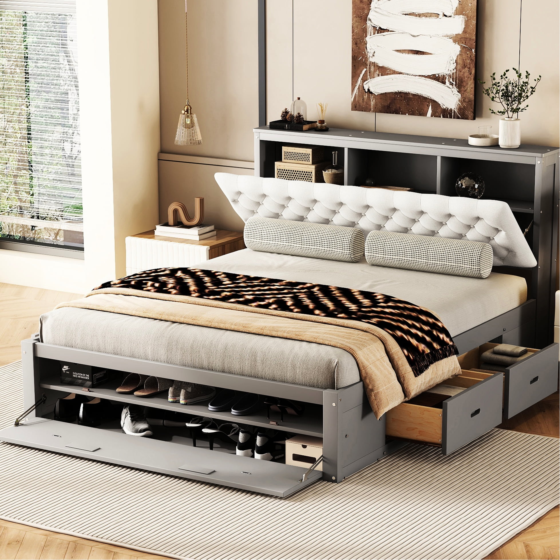 Wood Platform Queen Bed With Storage Headboard, 4 Drawers, Shoe Rack ...