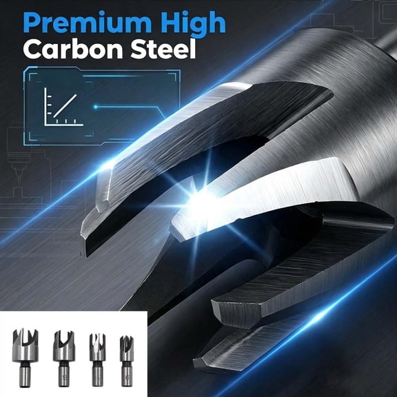 Wood Plug Cutter Drill Bit Set 4 Piece, High Carbon Steel 1/4 to 5/8 Inch Tapered Cutter for Woodworking, Rust Resistant Black Oxide Coating Drill Bit for Furniture and DIY, Professional Wood Tool