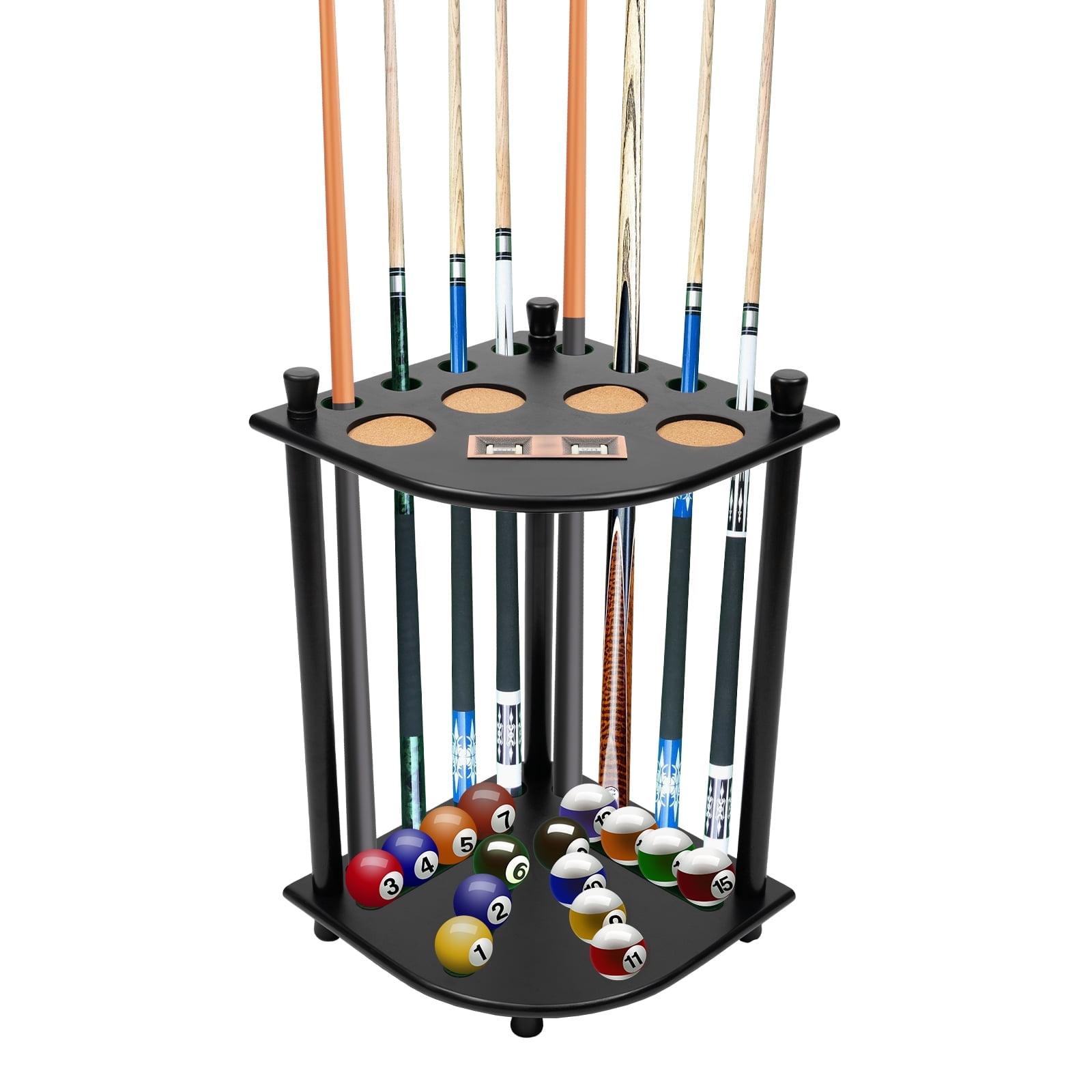Black Solid Wood Freestanding Pool Cue Rack with MDF Shelf