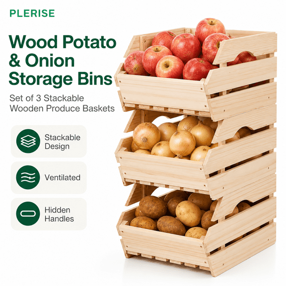 Wood Potato Onion Storage Bins, Set of 3 Stackable Wooden Produce Baskets for Kitchen Pantry Organization, Fruit and Vegetable Storage Crates with Hidden Handles