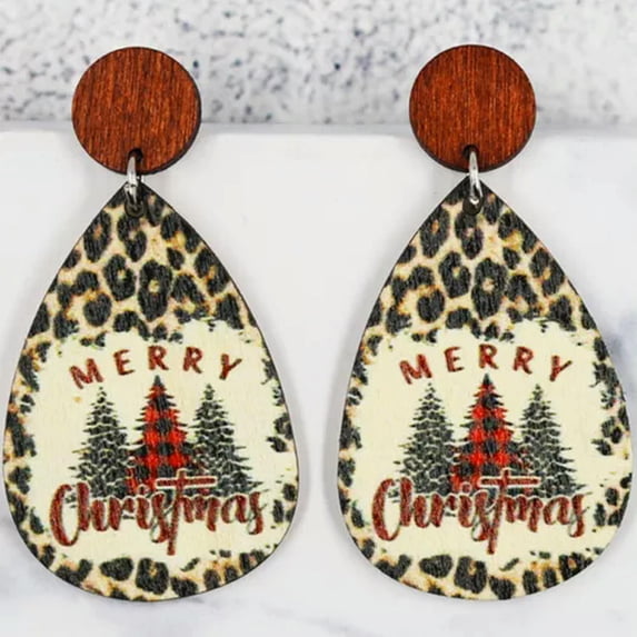 Wood Print Merry Christmas Trees Leopard Snowman Santa Claus Teardrop Earrings