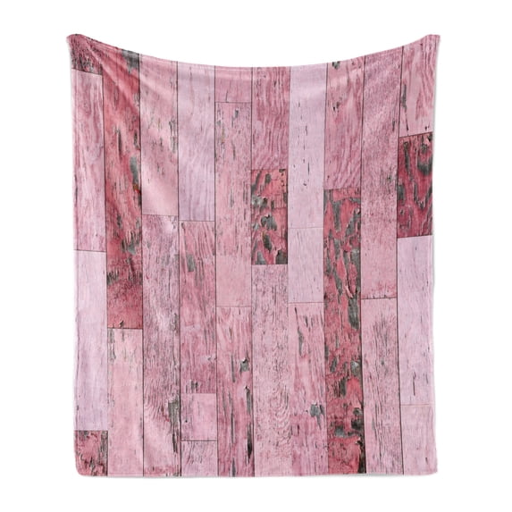 Wood Print Soft Flannel Fleece Throw Blanket, Pastel Pink Rustic Planks a Distressed Look Barn House Cottage Theme, Cozy Plush for Indoor and Outdoor Use, 70" x 90", Pink Baby Pink Grey, by Ambesonne