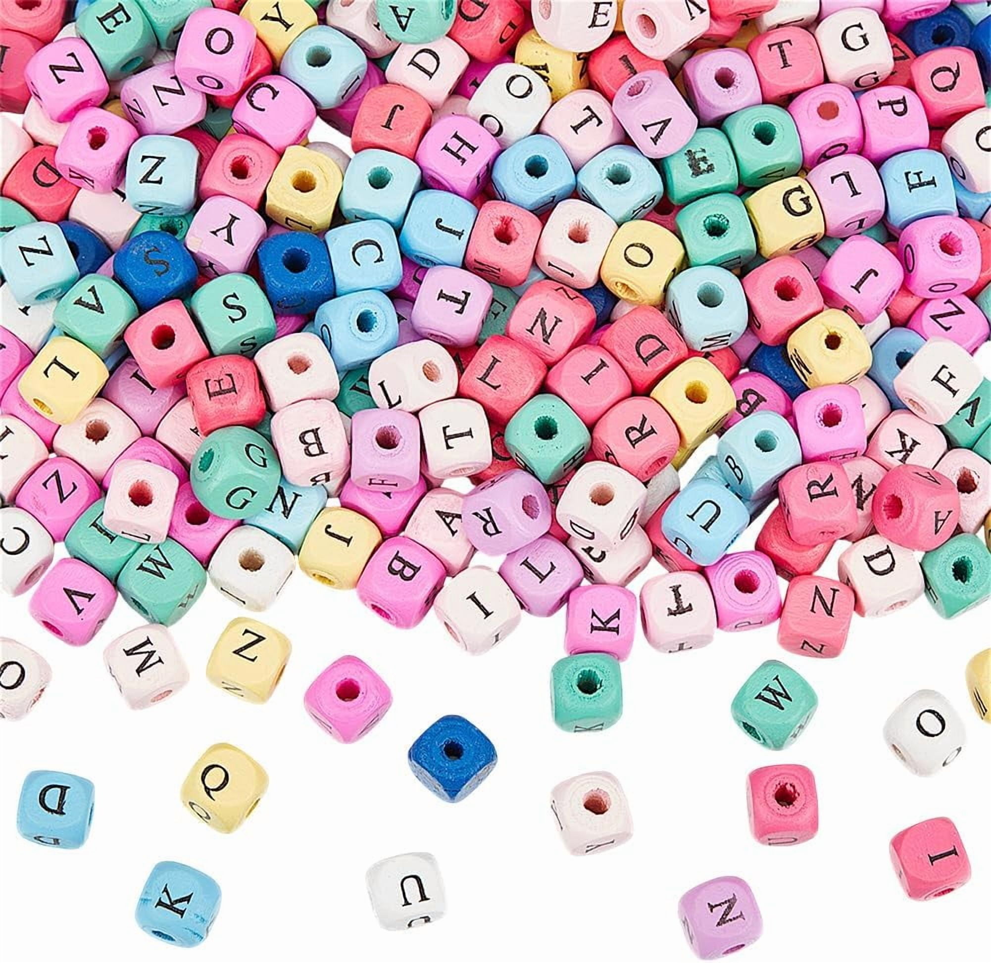 Wood Printed Beads Horizontal Hole Dyed Cube with Initial Letter Mixed Color 10x10x10mm Hole: 3~4mm 1060pcs/500g