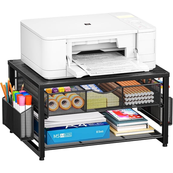 Wood Printer Stand for Desk, 2-Tier Desktop Printer Table for Home Office, Printer Stand with Storage Drawer 2 Pen Holders, Multi-Purpose Desk Organizer for Fax Machine Scanner (Wood Black)