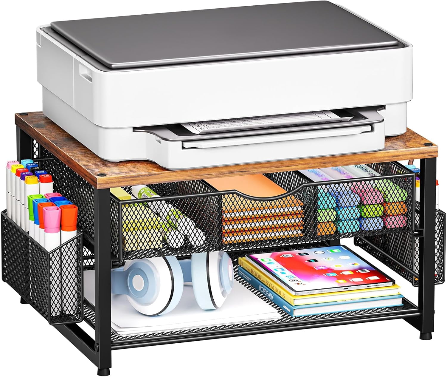 Wood Printer Stand for Desk, 2-Tier Desktop Printer Table for Home Office, Printer Stand with Storage Drawer 2 Pen Holders, Multi-Purpose Desk Organizer for Fax Machine Scanner(Wood Brown)