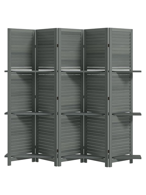 Wood Privacy Screen 67" Tall - 5 Panel Folding Room Divider with Shelves - Gray Paulownia Wood Wall Partition for Home, Office, Bedroom