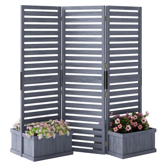 Wood Privacy Screen with Planter Boxes - 66H Freestanding Garden Screen, 3 Panel Hinged Outdoor Privacy Fence with 4 Raised Beds & Drainage
