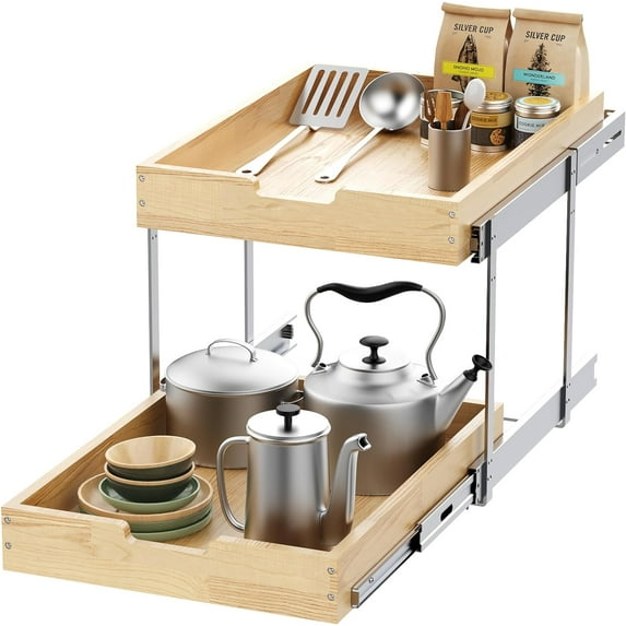 Wood Pull Out Cabinet Organizer 2 Tie 11" W x 21" D, Heavy-Duty Sliding Drawers for Inside Cabinets Storage and Organization for Kitchen, Pantry, Bathroom