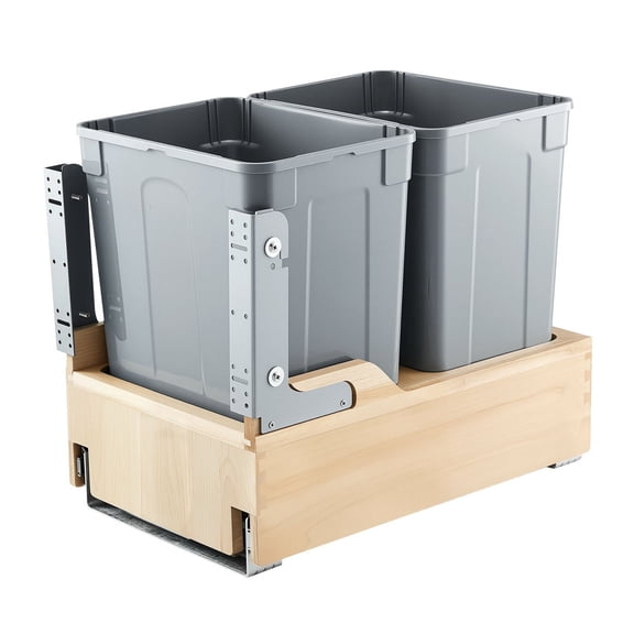 Wood Pull Out Trash Can for Kitchen Cabinets, 35 QT x2 Double Bin Under Sink, Soft Close Sliding System & Door Kit, Waste Recycling Container