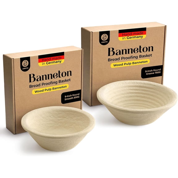 Wood Pulp Banneton Bread Proofing Basket Set Round Grooved 1.5 LB & Round Smooth 1.1 LB Brotform Baskets Non-Stick Natural Wood Pulp, Made in Germany Proofing Baskets for Sourdough Bread