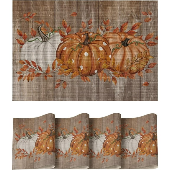 Wood Pumpkin Leaves Fall Vinyl Placemats Set of 4, Wipeable Woven PVC Table Mats for Thanksgiving Farmhouse Party Kitchen Dining Decor