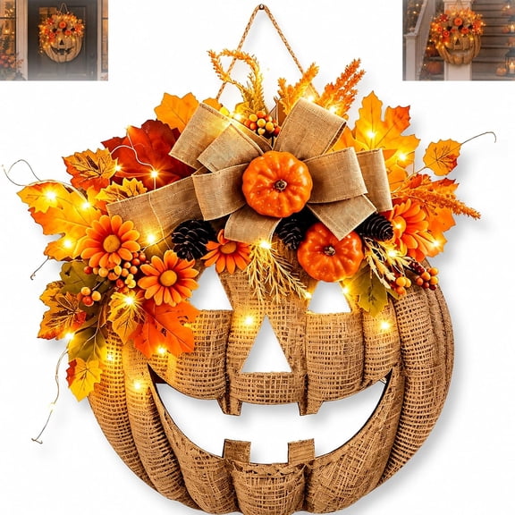 Wood Pumpkin Wreath, Lighted Burlap Pumpkin Wreath with Remote Control, LED Fall Wreath for Front Door
