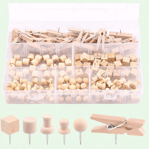 Wood Push Pins Assortment Kit - 135Pcs, 6 Types, for Cork Boards, Photos, Office and Crafts
