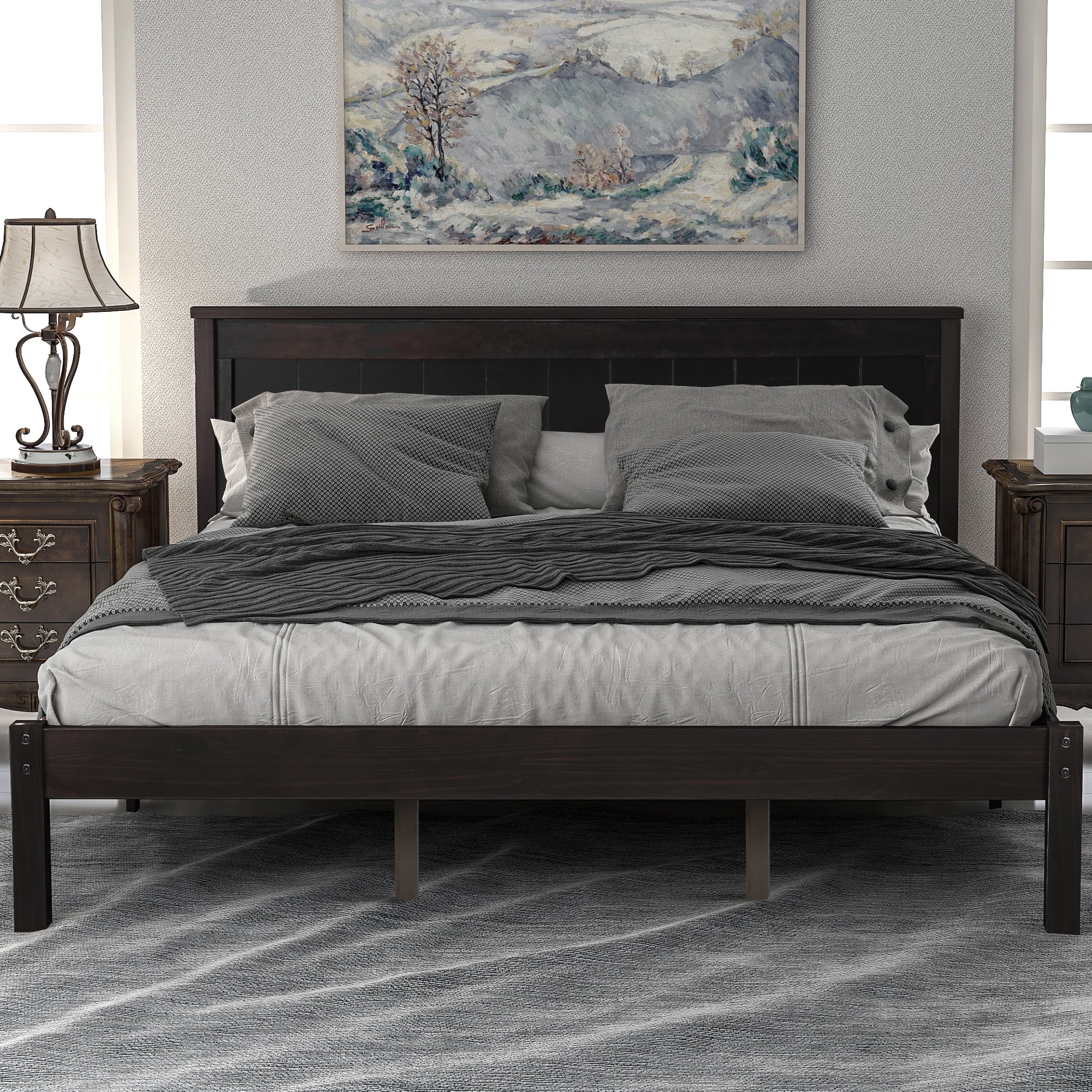Wood Queen Bed Frame, BTMWAY Queen Platform Bed Frame with Headboard ...