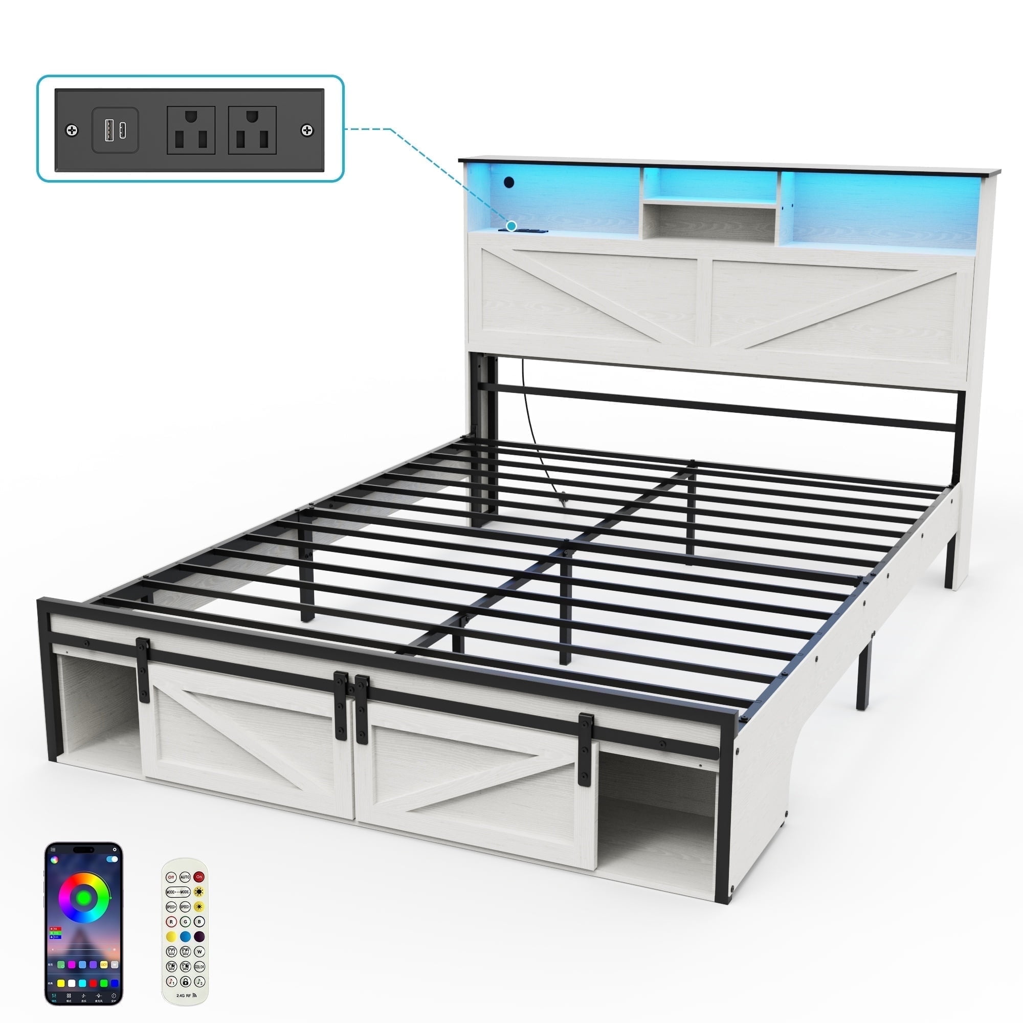 Wood Queen Bed Frame with Headboard & Storage Shelf, Holaki Farmhouse Queen Size Platform Bed Frame with Charging Station & LED Lights, No Box Spring Needed, Easy Assembly, White
